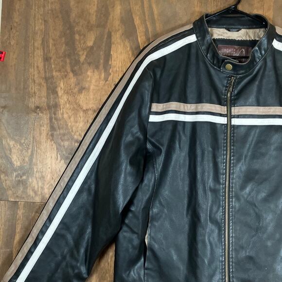 Whispering Smith Mens Jacket Black Stripes Full Zip Faux Leather Motorcycle XL - Picture 4 of 11